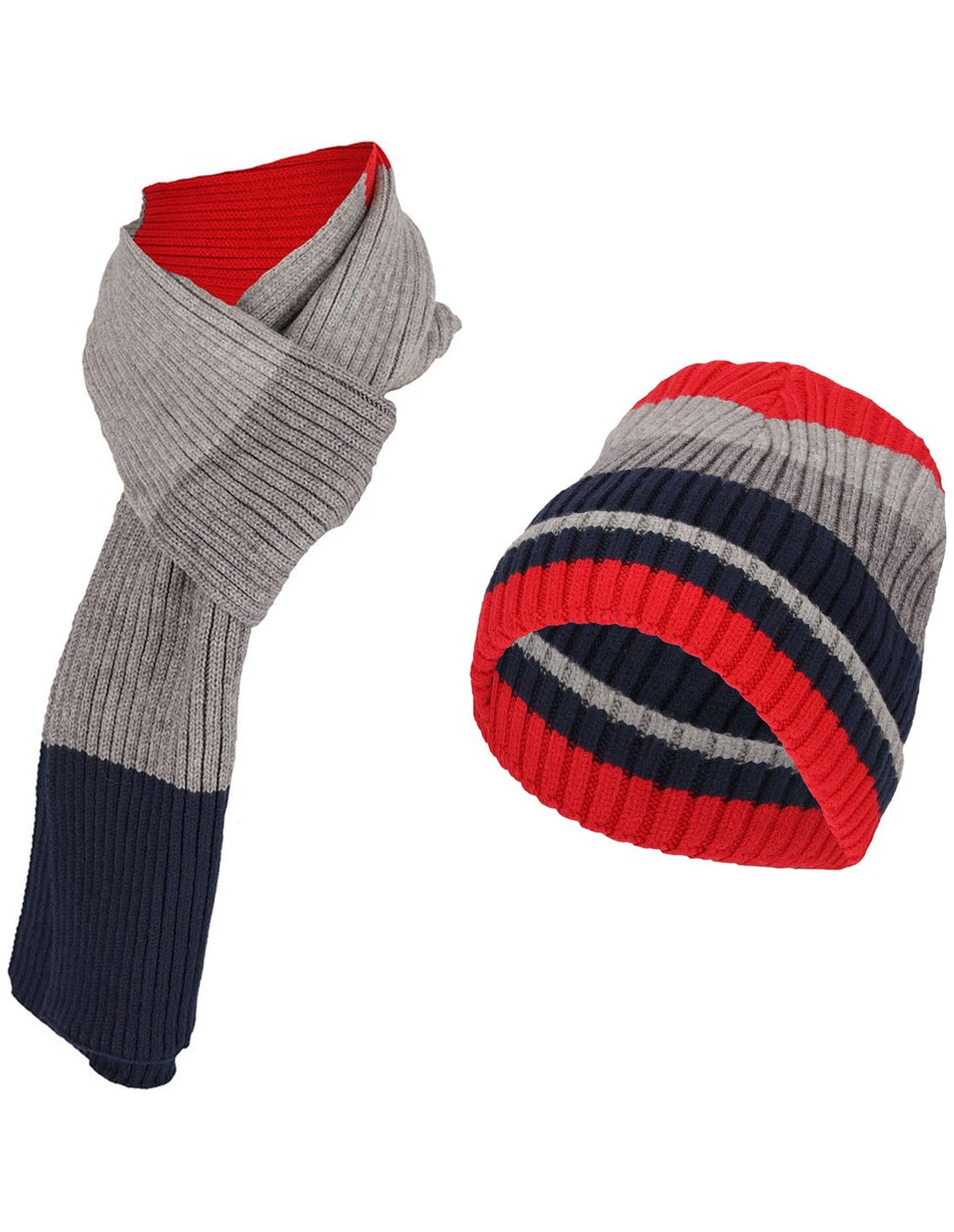 Winterset sjaal & muts rood-grijs