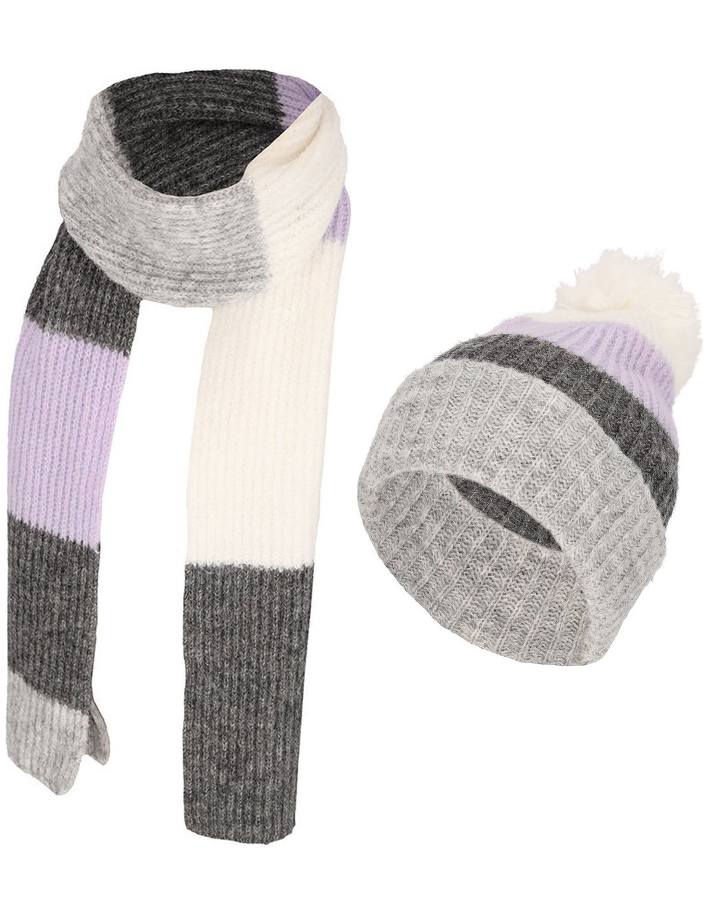 Winterset sjaal & muts grijs-wit met lila