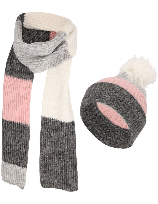 Winterset sjaal & muts roze-grijs met wit