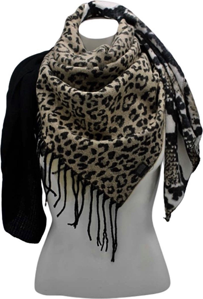Vierkant sjaal zwart-beige tijger print